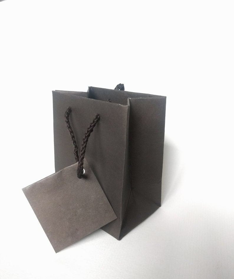 12 Small Tiny Gift Bags with Tag & Rope Handles 3 x 3.5 Dark Grey/Brown gifts, favors, packaging, SO CUTE image 5