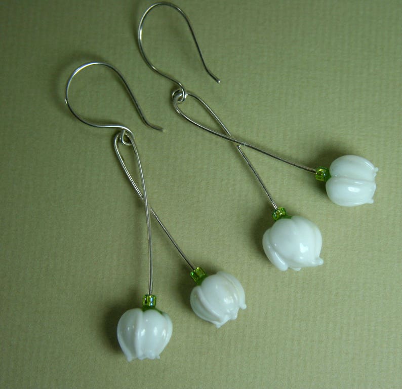 Lily of the Valley Double Blossom Handmade Lampwork Glass Drop Earrings Silver Plate