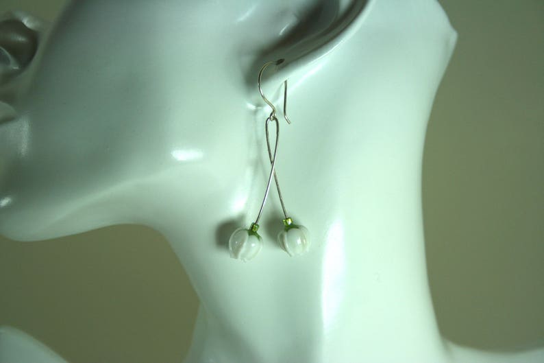 Lily of the Valley Double Blossom Handmade Lampwork Glass Drop Earrings Silver Plate