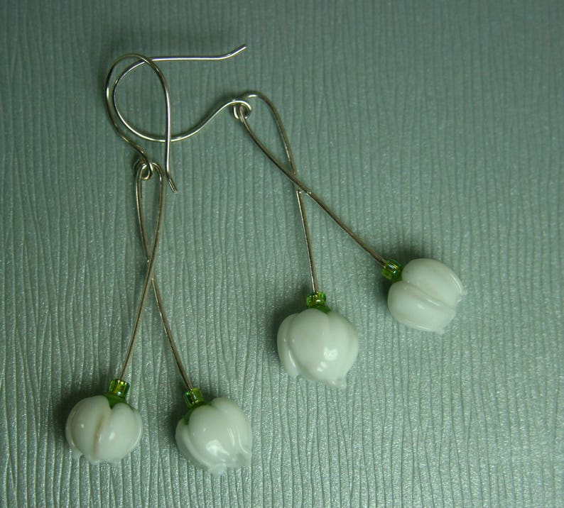 Lily of the Valley Double Blossom Handmade Lampwork Glass Drop Earrings Silver Plate