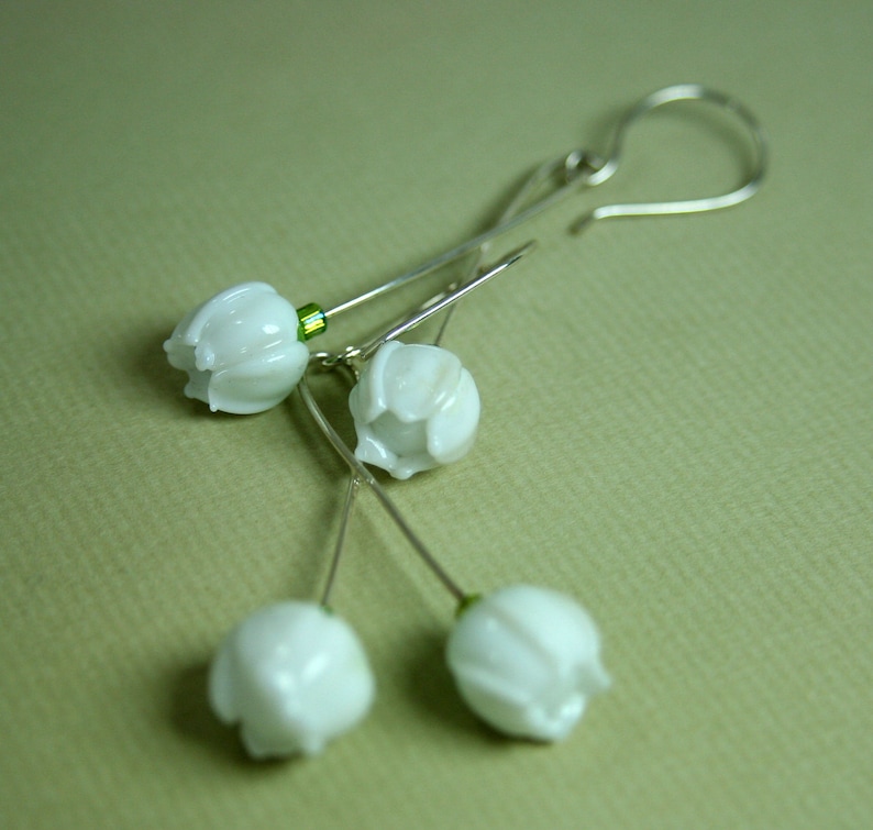 Lily of the Valley Double Blossom Handmade Lampwork Glass Drop Earrings Silver Plate