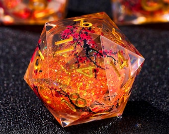 Orange Plum Blossom Liquid Core Dice Set: Sharp Edge Resin DnD-tärningar, Halloween-present