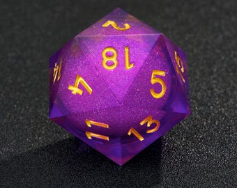 Purple Liquid Core D20: 35mm Handmade Resin Sharp Edge Dice