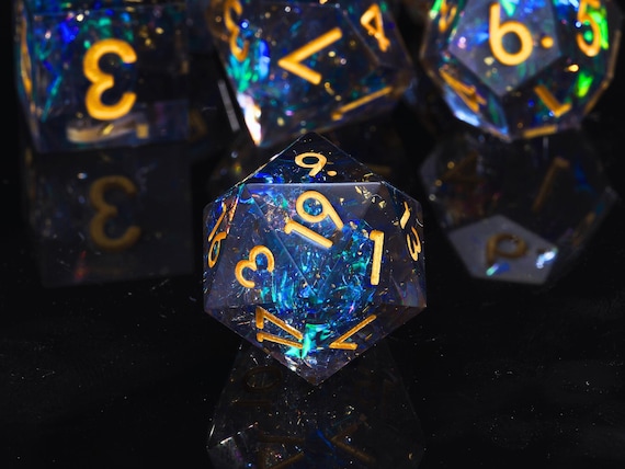 Sharp Edge Resin Dice Set: Sapphire Blue & Gold Foil DnD Dice