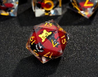 Red & Black Cat Liquid Core Resin Dice Set: Sharp Edge DnD Dice