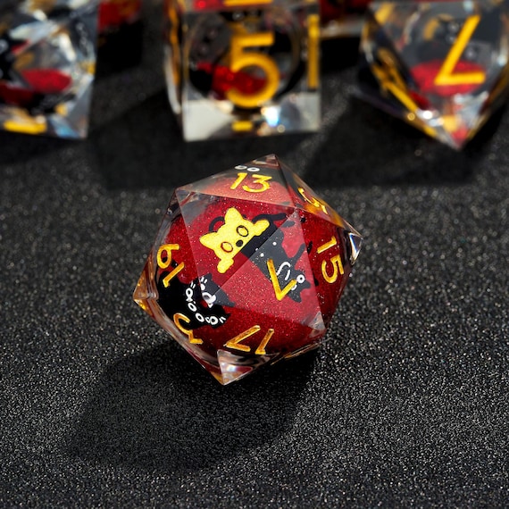 Red & Black Cat Liquid Core Resin Dice Set: Sharp Edge DnD Dice