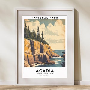 Acadia National Park Travel Poster, Acadia Travel Print, USA Art, Maine Art, Wall Art, Home Decor, Acadia Vintage Hanging Travel Art Gift