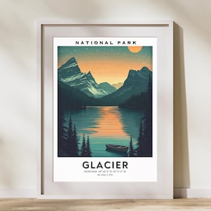 Glacier National Park Travel Poster, Glacier Travel Print, USA Art, Montana Art, Wall Art, Home Decor, Glacier Vintage Hanging Travel Gift