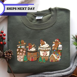 Gingerbread Christmas Coffee Sweatshirt, Xmas Tee, Coffee Lover gift, Latte Drink Crewneck Christmas Coffee Hoodie, Women Holiday sweater