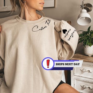Personalized Minimalist Sweatshirt and Hoodie, Custom Text Hoodie With Names On Neck, Personalized Names On Sleeve, Customizable  Gifts