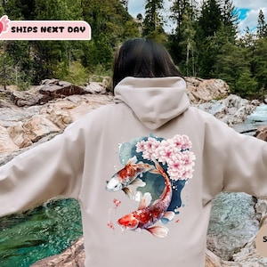 Cozy Vintage Japanese Koi Fish Hoodie, Animal Asian Art Nouveau Japan Sweatshirt, Pond Top Urban Unisex Spring Shirt, Tokyo Style