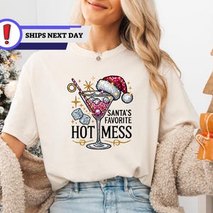 Santa&#39;s Hot Mess Shirt, Christmas Martini T-shirt, Glitter Christmas Drink Shirt, Christmas Party Tee, Drink Shirt For Women