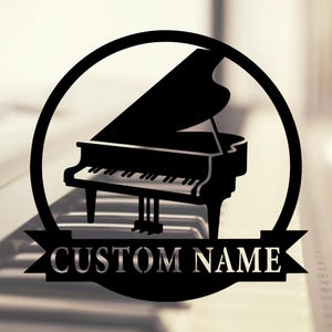 Insegna da parete in metallo con pianoforte personalizzata, decorazione da parete in metallo con musica per pianoforte personalizzata, decorazione da parete con pianoforte, insegna con nome dello studio di musica per pianoforte, da 10 a 24 pollici