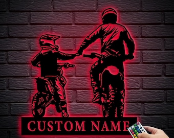 Personalized Father and Son Motocross Biker Metal Wall Art, Custom Dirt Bike Name Wall Decor, Garage Decor,Christmas gift, 8-24 Inch