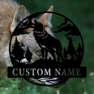 Decorazione murale in metallo raffigurante un lupo, cartello in metallo raffigurante un lupo personalizzato, decorazione murale raffigurante un lupo, cartello in metallo raffigurante una foresta naturale, regalo a tema animale, 10-24 pollici