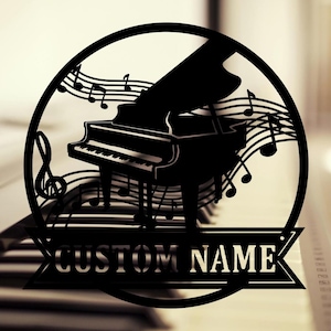 Insegna da parete in metallo con pianoforte personalizzata, decorazione da parete in metallo con musica per pianoforte personalizzata, decorazione da parete con pianoforte, insegna con nome dello studio di musica per pianoforte, da 10 a 24 pollici
