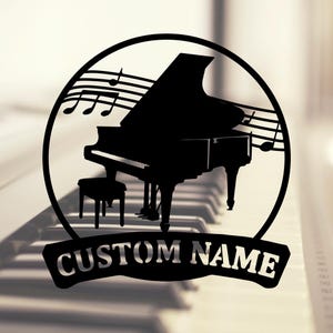 Insegna da parete in metallo con pianoforte personalizzata, decorazione da parete in metallo con musica per pianoforte personalizzata, decorazione da parete con pianoforte, insegna con nome dello studio di musica per pianoforte, da 10 a 24 pollici
