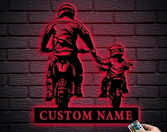 Personalized Father and Son Motocross Biker Metal Wall Art, Custom Dirt Bike Name Wall Decor, Garage Decor,Christmas gift, 8-24 Inch