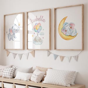 Elephant Nursery Prints Set of 3, Personalized Name Sign, Custom Initial Name Art, Nursery Balloon Art, Stars and Clouds, Nursery Wall Art