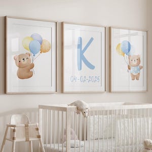 Boy Teddy Bear Prints Set of 3, Personalized Nursery Prints, Baby Boy Prints, Blue Nursery Decor, Balloon Nursery Decor, Nursery Wall Art