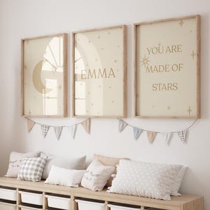 Celestial Nursery Wall Art Set of 3 – Moon and Stars Baby Room Decor – Canvas or Print – Gender Neutral – Boho Style
