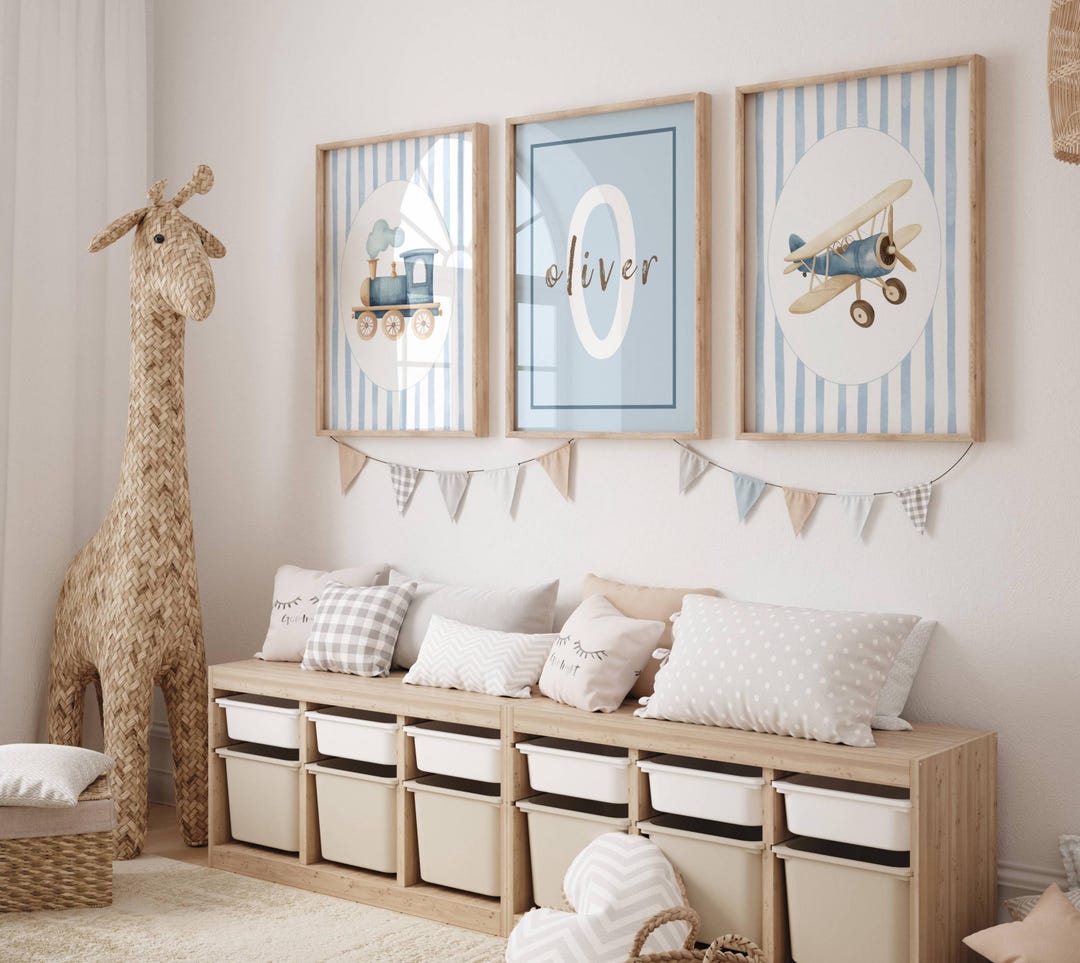 Vintage Blue Nursery Wall Art Set of 3, Train and Airplane ...