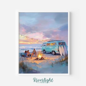 May include: A framed print depicts a beach scene at sunset. A light blue van is parked near the water with surfboards. People are gathered around a campfire, and a string of lights hangs overhead. The sky is filled with pastel colors.