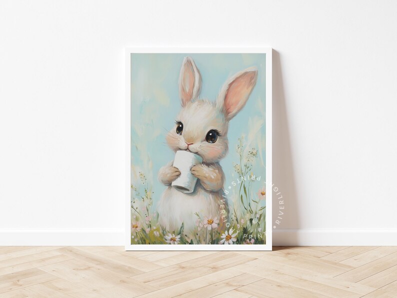 Baby Bunny With Milk Bottle Art Print – Whimsical Spring Nursery Decor ...