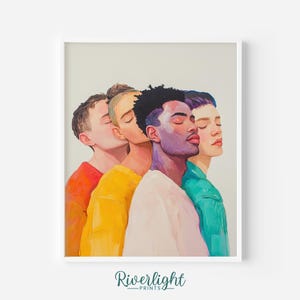 Puede incluir: Una impresión artística enmarcada que presenta una pintura a la acuarela de cuatro personas en fila, cada una con los ojos cerrados. Los sujetos visten ropa de colores brillantes en tonos de rojo, amarillo, blanco y verde azulado. La obra está firmada "Riverlight Prints".