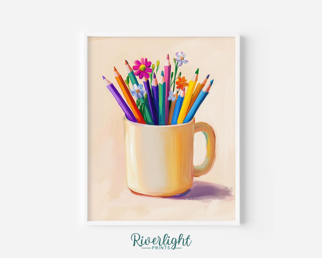 Colored Pencils and Flowers Art Print – Cheerful Pastel Illustration ...
