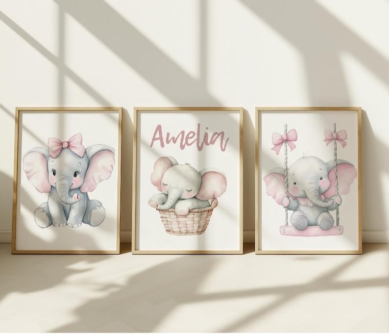 Personalized Pink Elephant Nursery Set of 3, Bow Baby Girl Name Prints ...