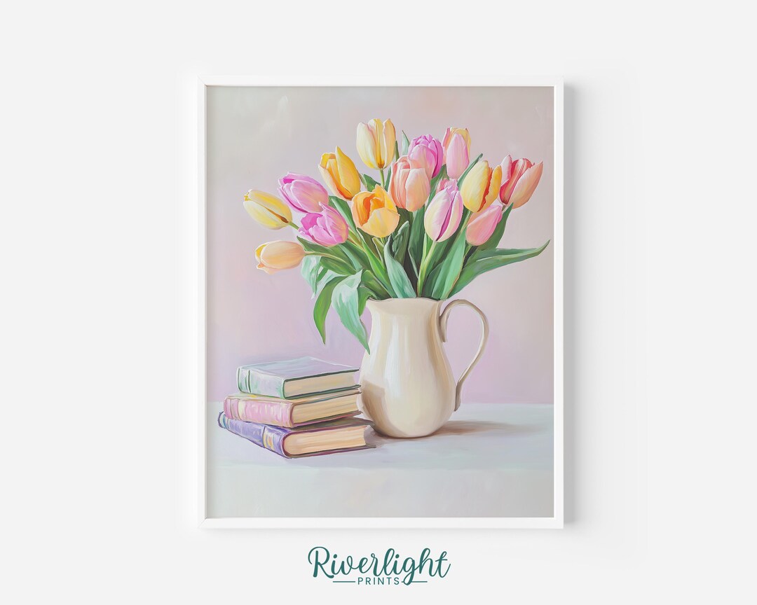 Printable Tulip Bouquet Painting – Spring Floral Wall Art, Pastel ...