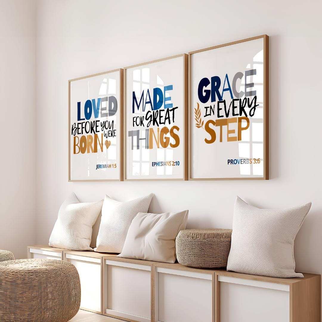 Bible Verse Wall Art Set of 3, Christian Nursery Decor, Boys Room ...