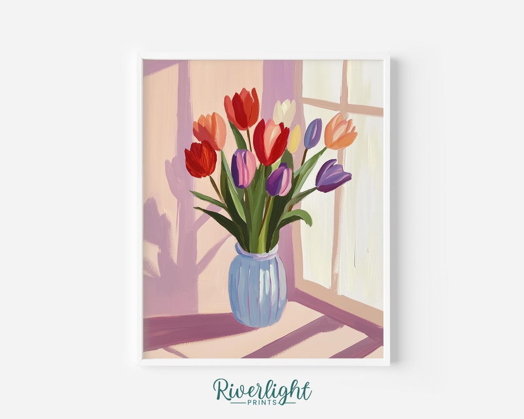 Tulip Floral Wall Art, Colorful Flower Vase Print, Pastel Spring ...