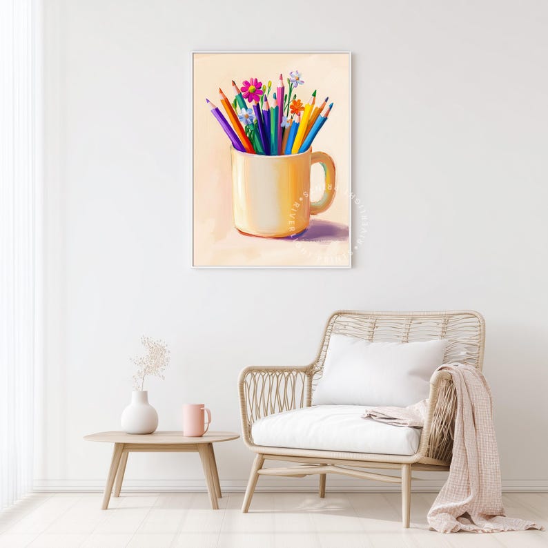 Colored Pencils and Flowers Art Print – Cheerful Pastel Illustration ...