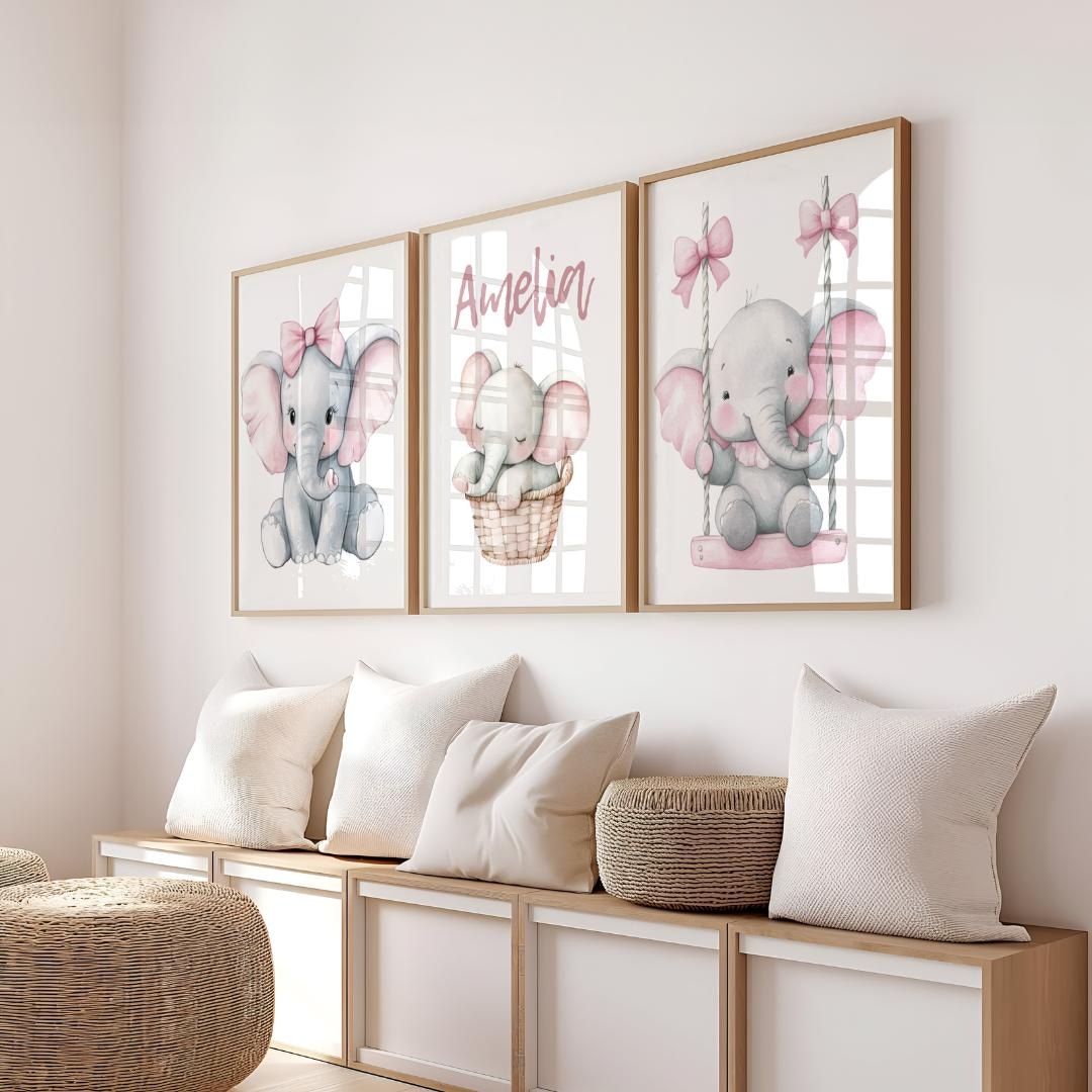 Personalized Pink Elephant Nursery Set of 3, Bow Baby Girl Name Prints ...
