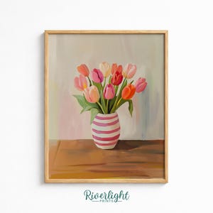 Impressão de Vaso de Tulipas, Arte de Parede Floral com Vaso Listrado, Download Digital