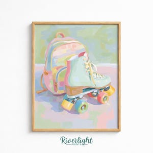 Könnte beinhalten: Ein gerahmter Kunstdruck mit einem pastellfarbenen Rucksack und einem mintgrünen Rollschuh mit bunten Rollen. Die Illustration verwendet weiche Pinselstriche in Rosa-, Gelb-, Blau- und Grüntönen, mit dem Text Riverlight Prints unter dem Motiv.