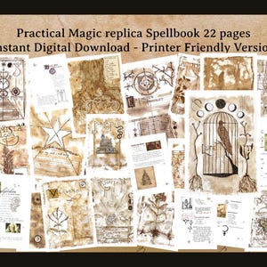 Może przedstawiać: Zbiór stron z repliki księgi zaklęć, zawierający odręczny tekst, ilustracje i rysunki botaniczne. Tytuł brzmi: "Practical Magic replica Spellbook 22 pages Instant Digital Download - Printer Friendly Version."