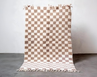 Moroccan shag rug Handwoven Moroccan Shag Rug: Neutral Brown Checkered Plush Rug Moroccan area rugs