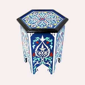 Moroccan table, colored wooden table, Blue coffee table, blue round table, round coffee table, decorative table, Handpainted table