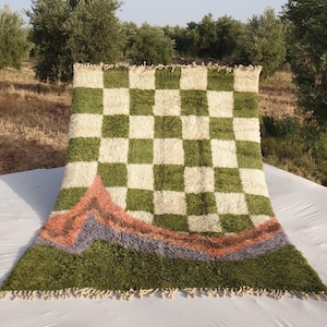 Handmade Moroccan Azilal Rug: Checkered Wool Berber Carpet