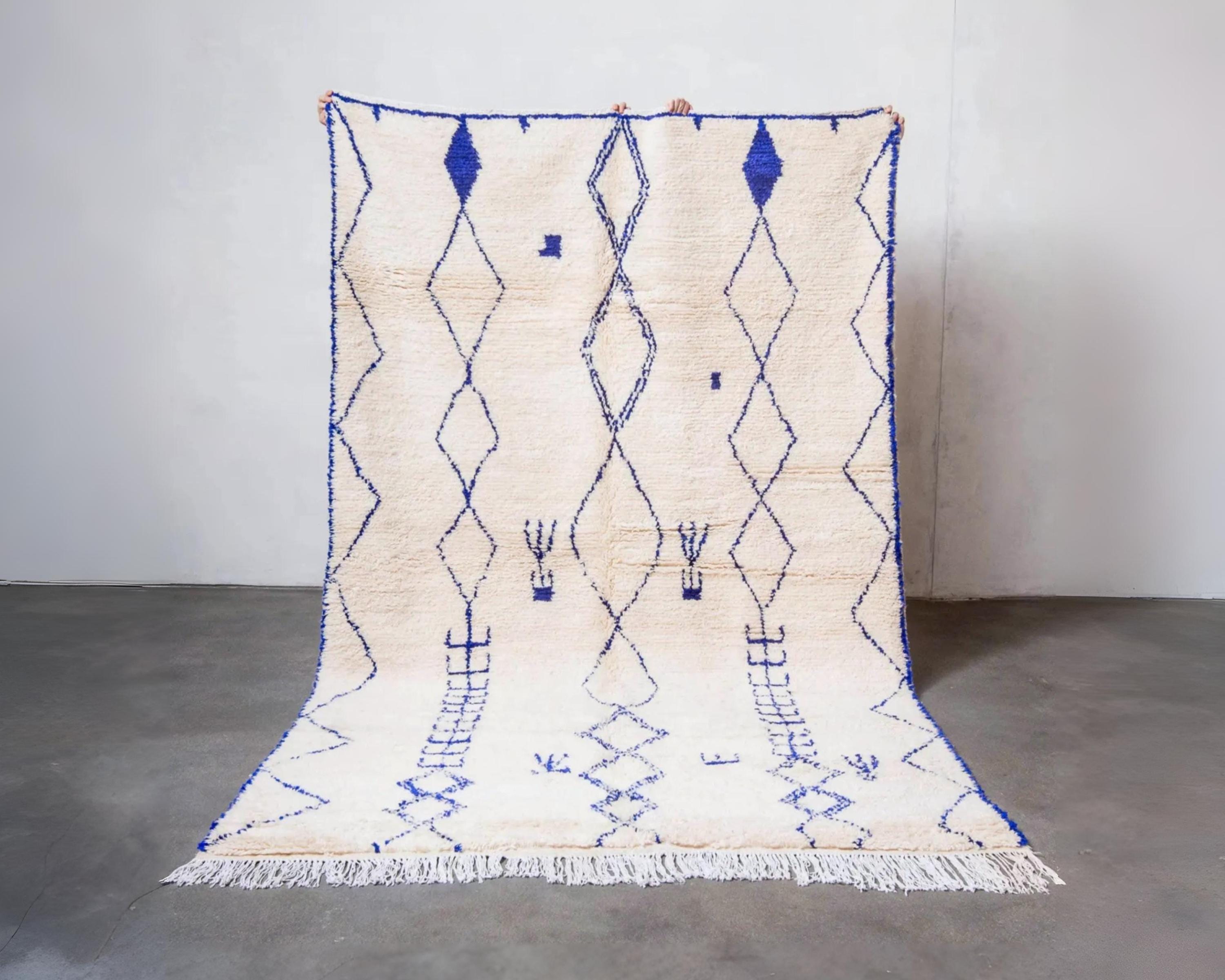Tapis Berbère Marocain Beni Ourain – Laine, 2.8x6.2 Ft, Motif Géométrique, Fluffy