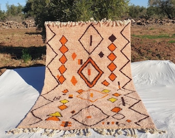 Peach Moroccan Wool Rug: Handcrafted Berber Grid Design, Boho Decor