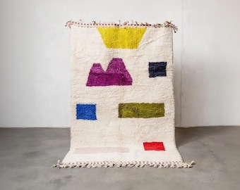 Handmade Moroccan Wool Rug, Abstract Berber Carpet with Colorful Geometric Shapes