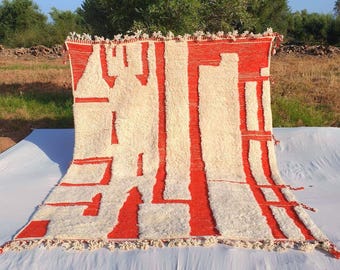Hand Tufted Moroccan Rug: Orange & White Bohemian Berber Rug