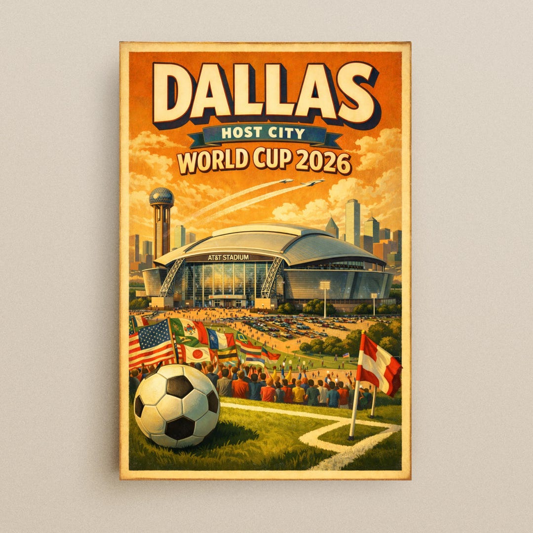 Dallas World Cup 2026 Poster – Retro Travel Art | Host City Soccer Wall ...
