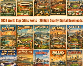 May include: A collection of vintage-style posters advertising the 2026 FIFA World Cup host cities. Each poster features a city name, stadium illustration, and soccer ball. Cities include Monterrey, Guadalajara, Kansas City, Los Angeles, and Mexico City.