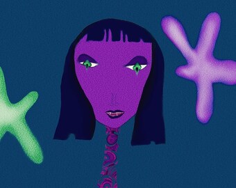 May include: A purple-skinned woman with black hair and green eyes. She has a patterned design on her neck and is surrounded by green and purple shapes.