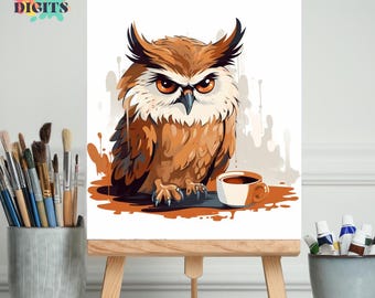 Kit de pintura por números de Búho Gruñón con Café, kit de pintura acrílica DIY para adultos, regalo divertido para los amantes de los búhos.